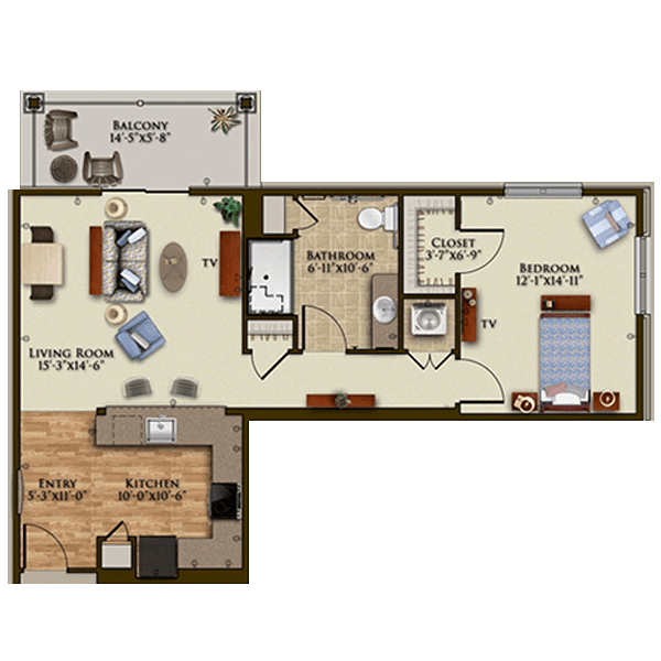 A detailed floor plan of a two-bedroom apartment featuring a kitchen, living room, dining area, bathroom, and balcony.