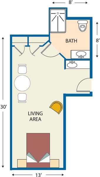 Studio apartment floor plan with living area and bathroom.