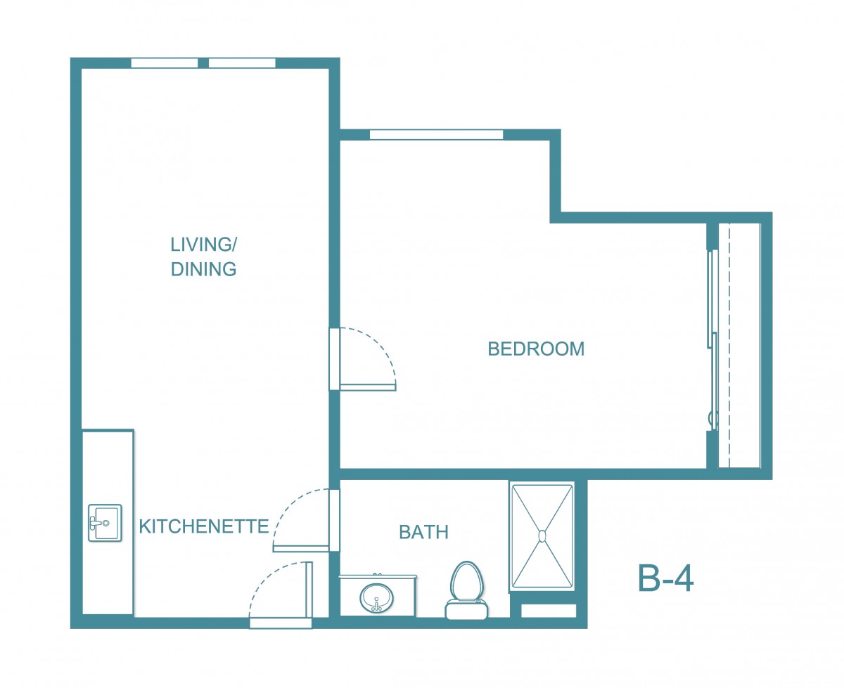 A floor plan of a one-bedroom apartment featuring a living/dining area, kitchenette, bathroom, and bedroom.