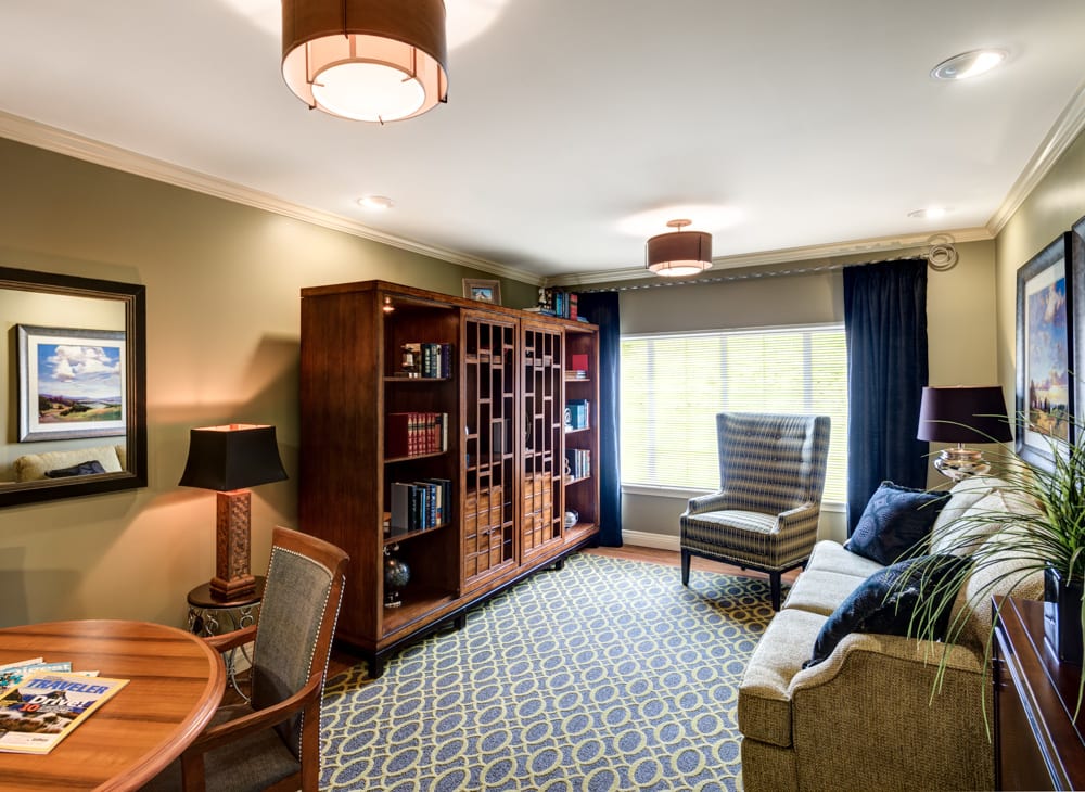 A cozy library room with bookshelves, a comfy sofa, an armchair, and ample natural light.
