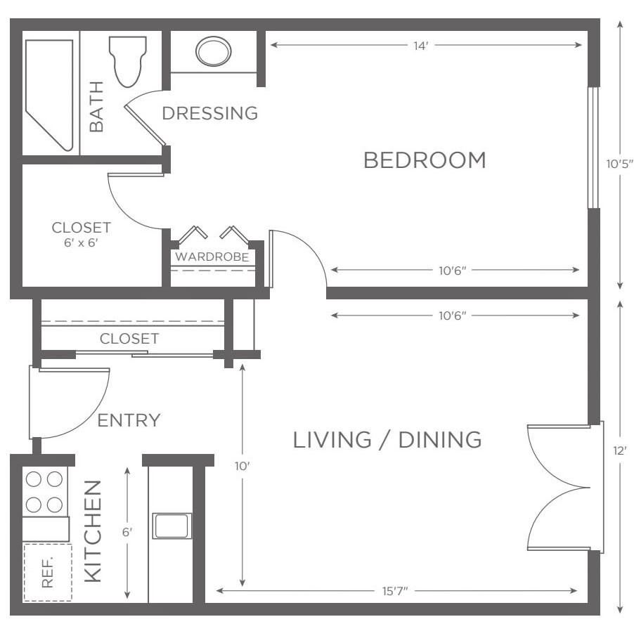 A one-bedroom apartment floor plan with living/dining area, kitchen, bathroom, and closets.
