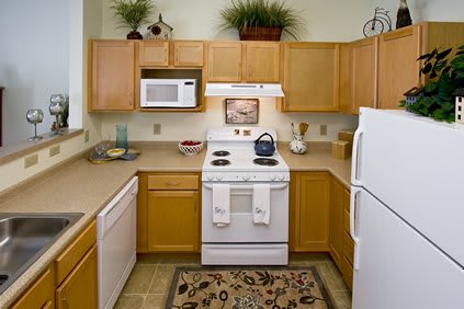 A cozy kitchen with wooden cabinets and modern appliances.