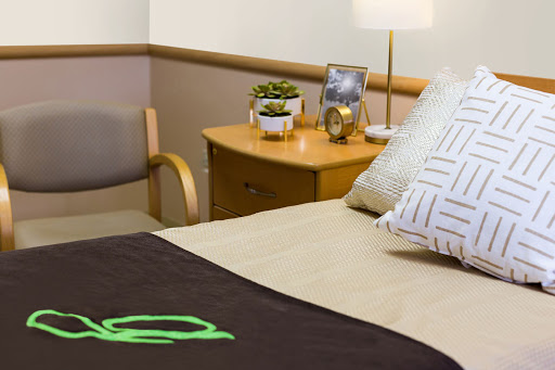 A cozy bedroom space featuring a neatly made bed, decorative pillows, and a nightstand with a plant and lamp.