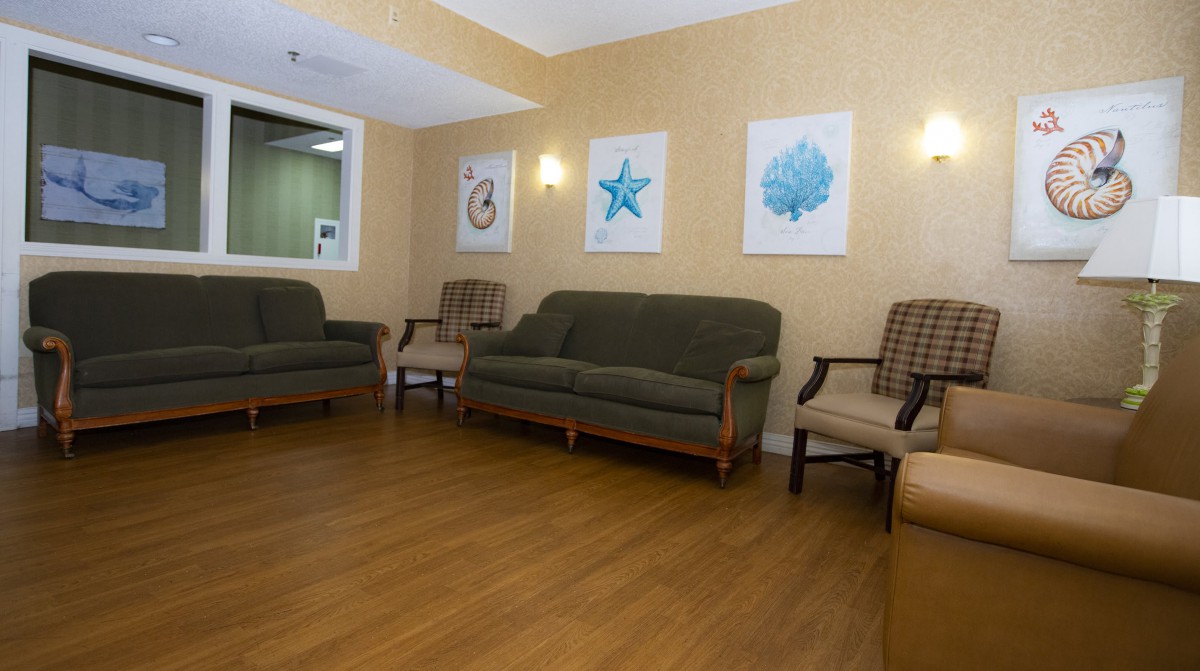 A cozy waiting room with sofas, chairs, and decorative artwork on the walls.