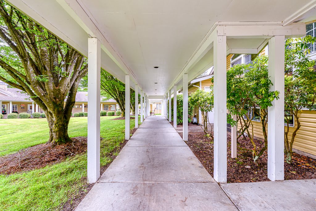A covered outdoor walkway lined with columns and surrounded by lush greenery.