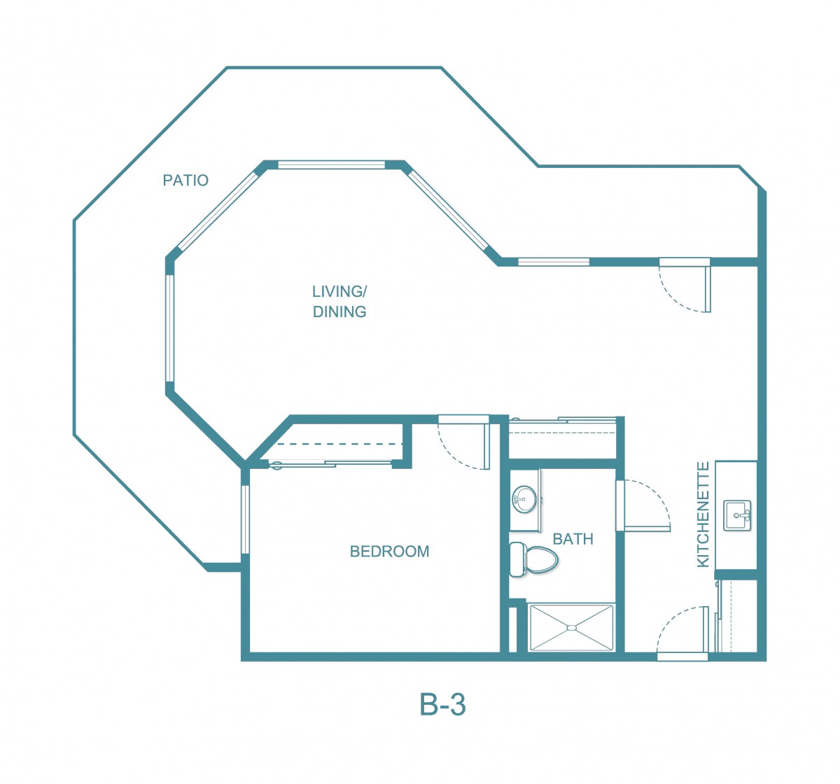 Floor plan of a one-bedroom apartment with living area, kitchen, and bathroom.