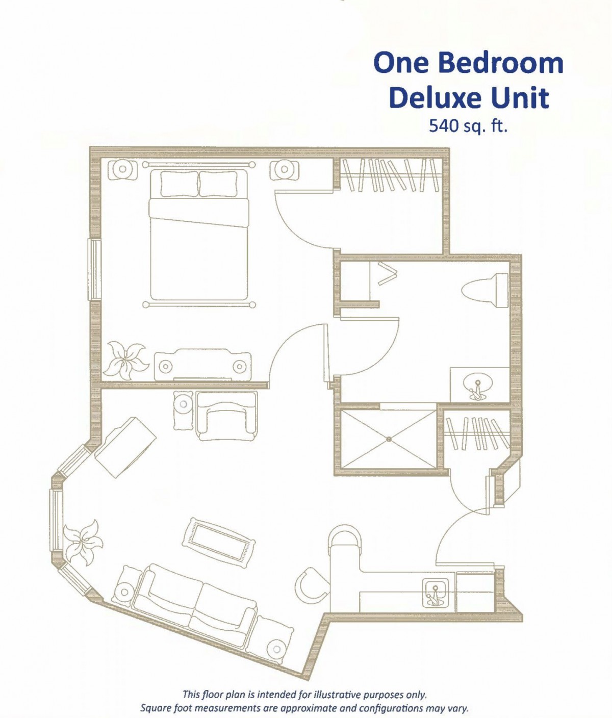 Floor plan of a one bedroom deluxe unit.