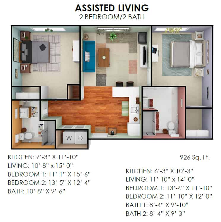 A floor plan for a two-bedroom, one-bath assisted living unit, showcasing room dimensions and layout.