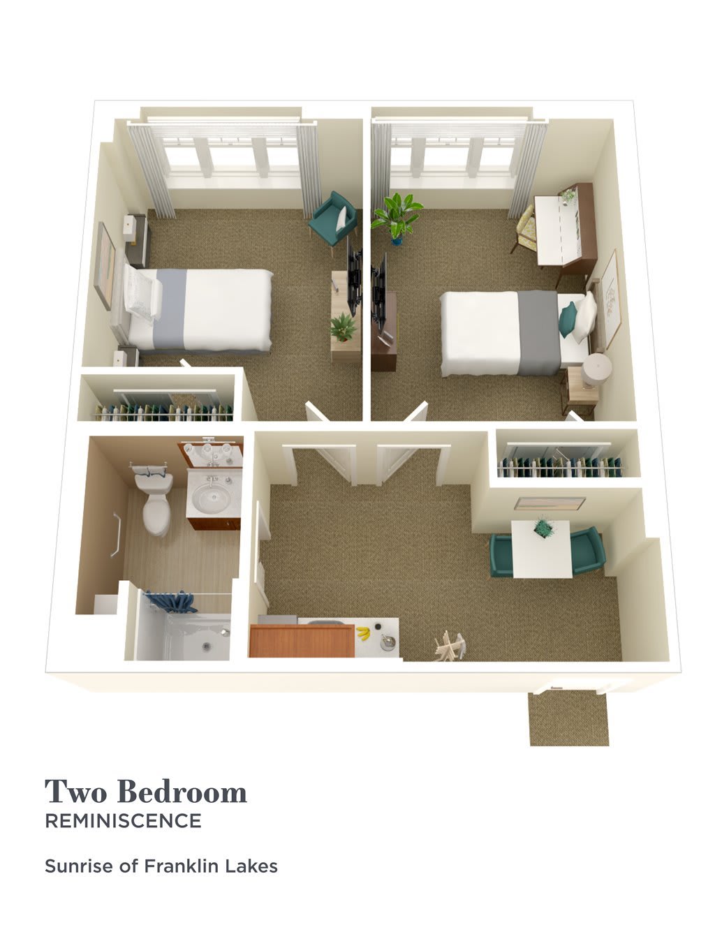 A 3D floor plan of a two-bedroom apartment with a shared bathroom and open living area.