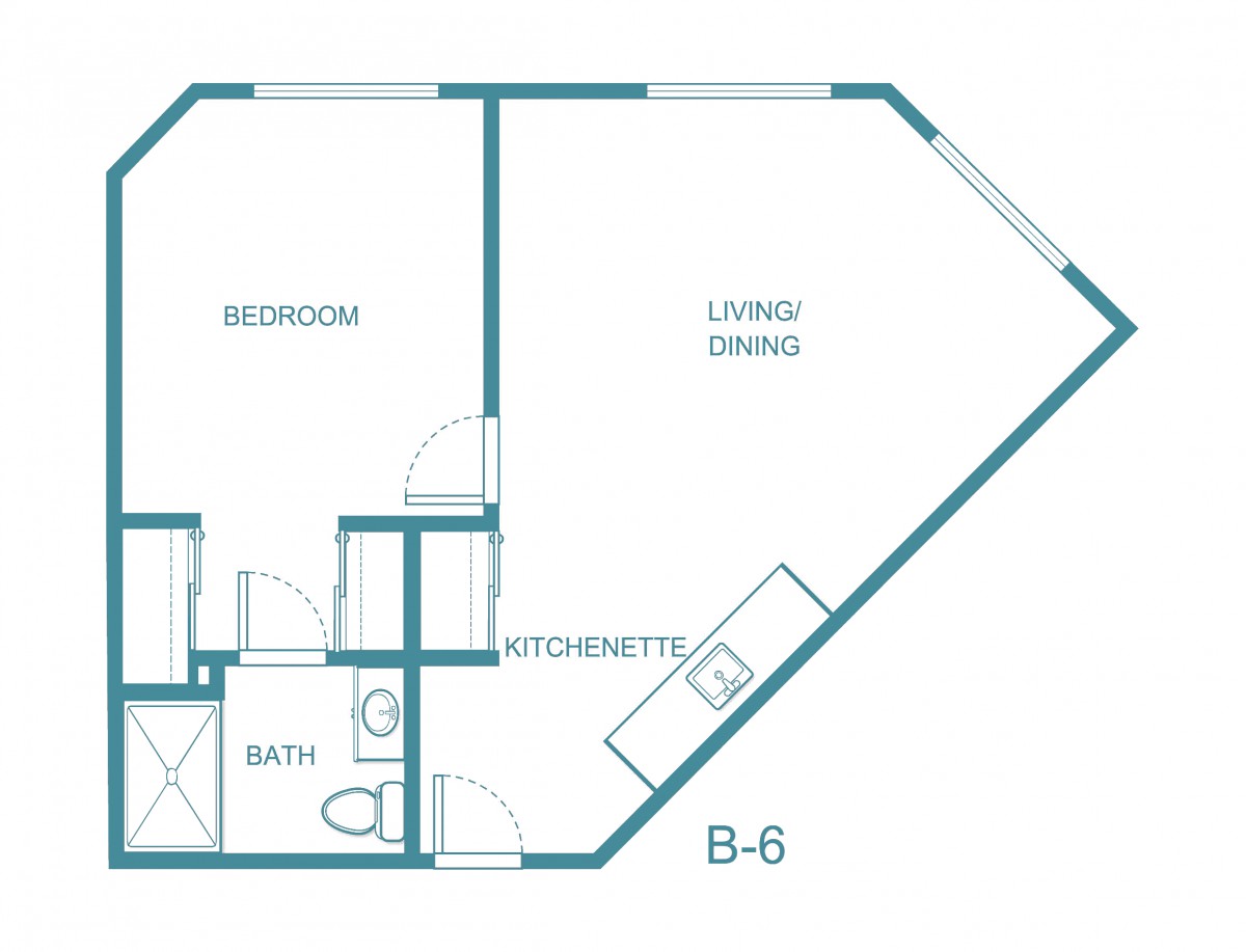 A floor plan of a one-bedroom apartment with a living room, kitchen, and bathroom.