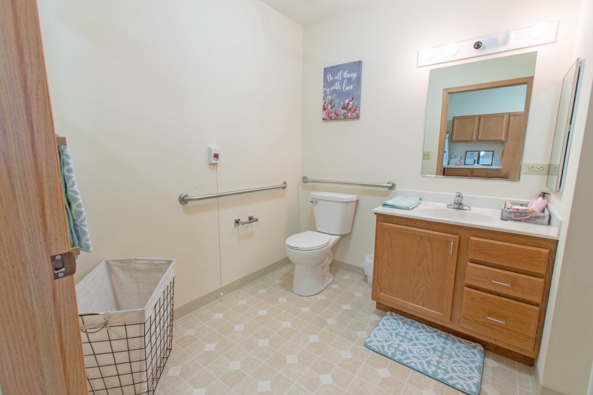 A spacious bathroom with a toilet, sink, and mirror, featuring handrails for accessibility.