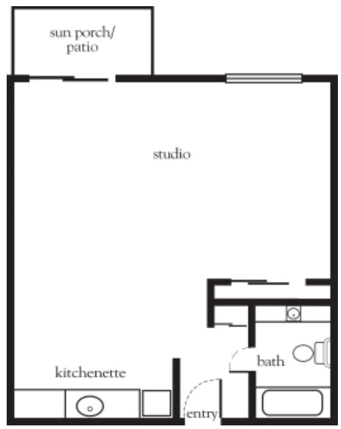 A floor plan of a studio apartment featuring a kitchenette, bath, and patio.
