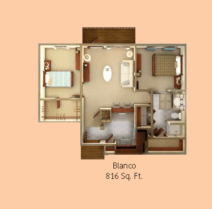 A detailed 816 square foot apartment floor plan layout, showcasing a home's interior design.