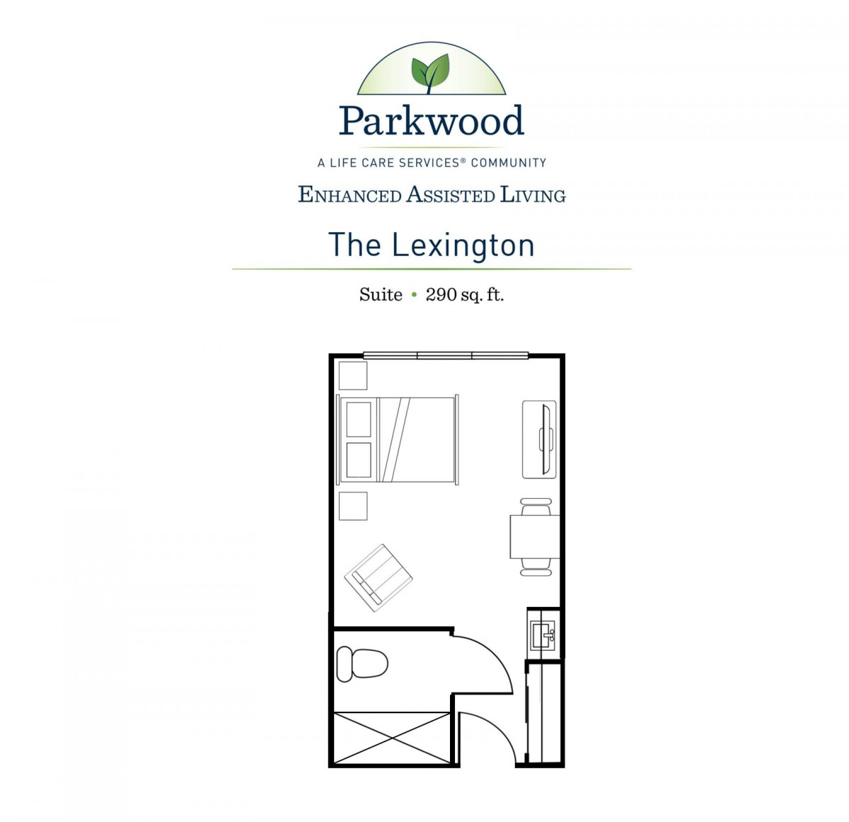 Floor plan of The Lexington studio apartment at Parkwood.