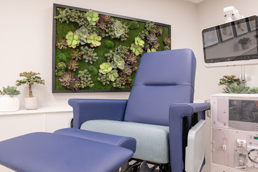 A comfortable patient chair in a modern healthcare setting, complemented by a vibrant green wall of succulent plants.