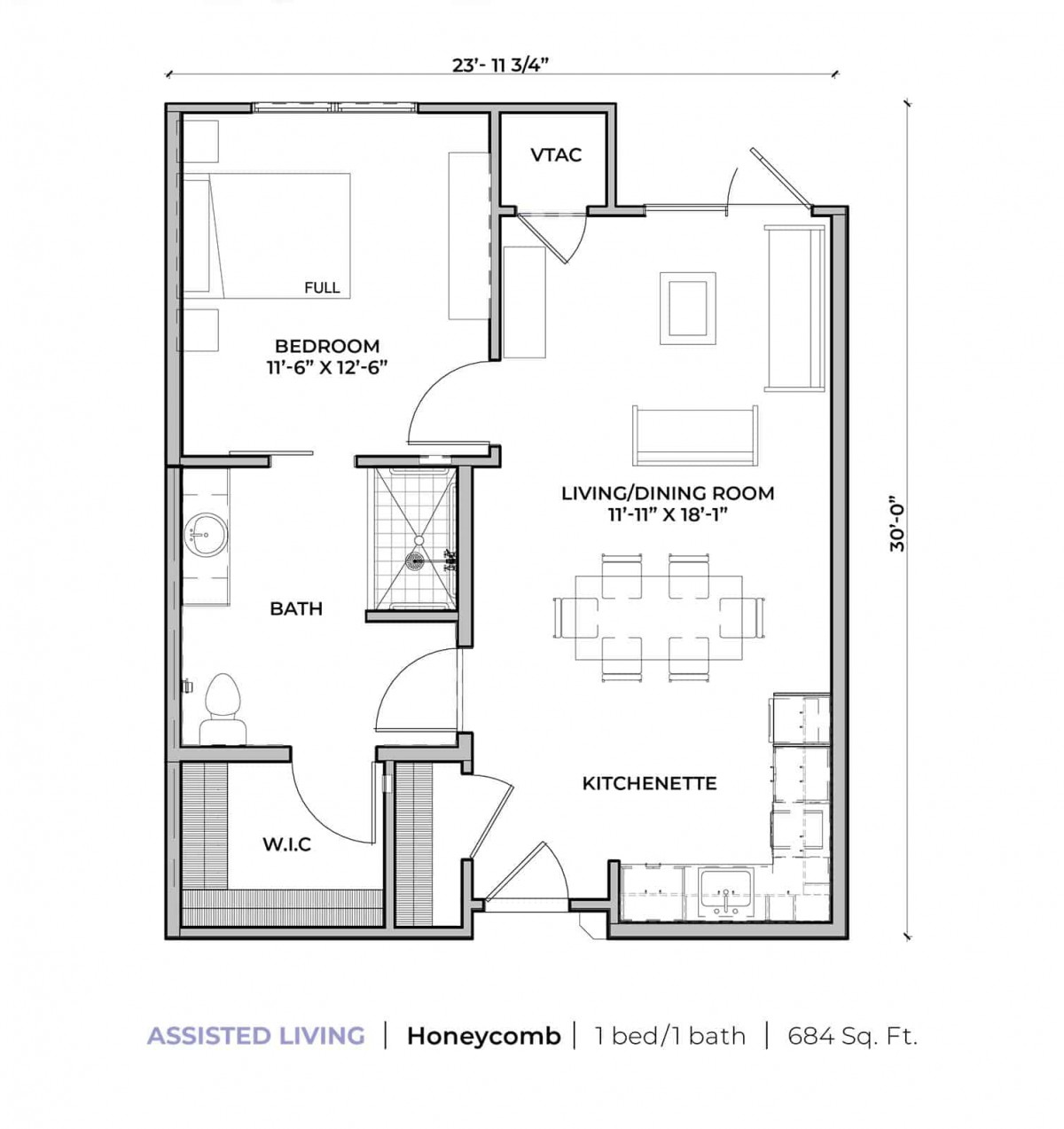A floor plan of a compact apartment featuring one bedroom, a living room with a kitchenette, and a bathroom.