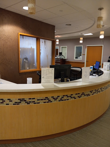 A modern reception area with a curved front desk, comfortable seating, and administrative space.