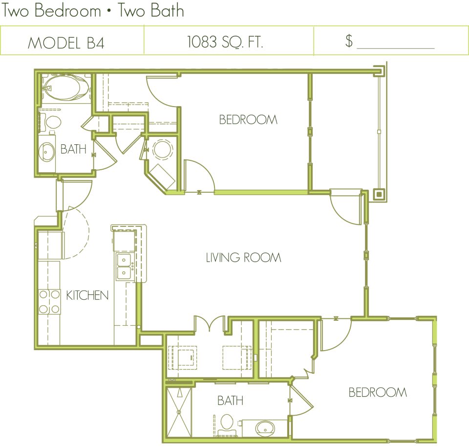 Two-bedroom, two-bathroom apartment floor plan with designated living room and kitchen areas.
