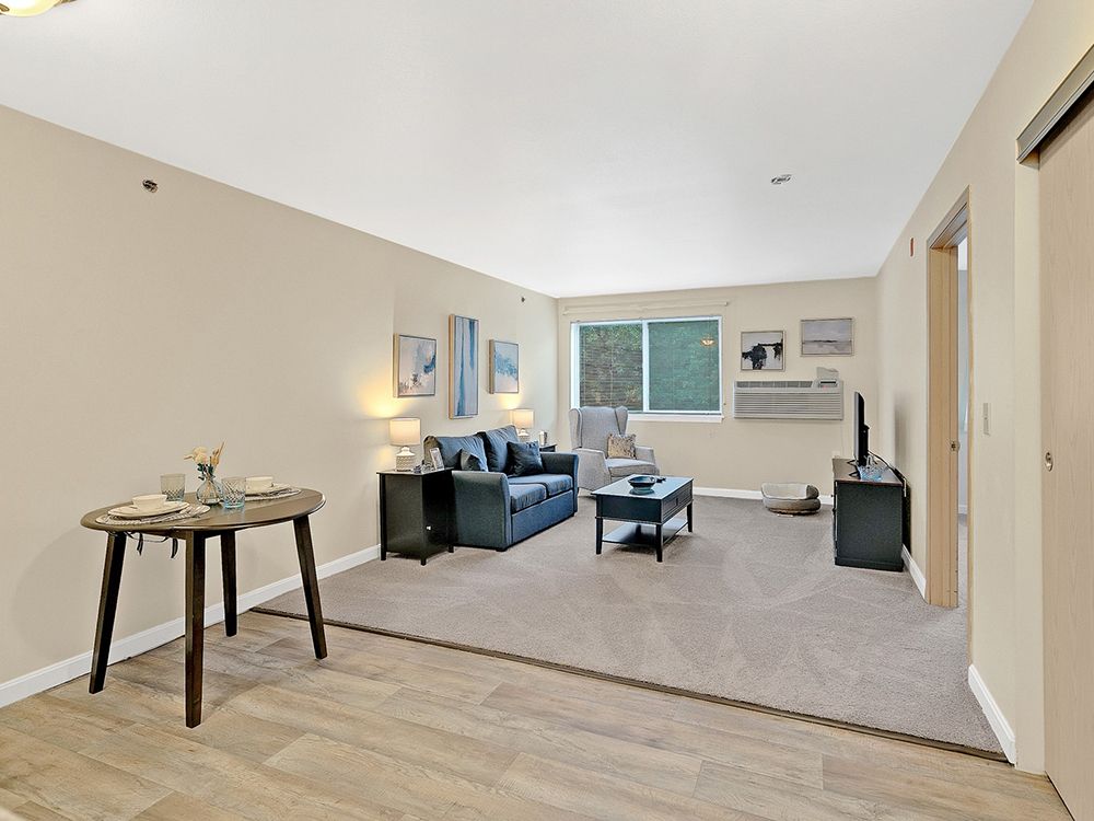 A spacious and well-lit living room with a sofa, coffee table, and television.