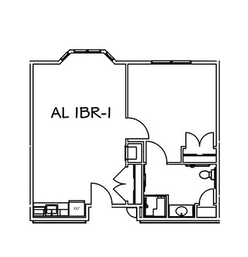 A simple floor plan of a one-bedroom apartment showing the layout of rooms and amenities.