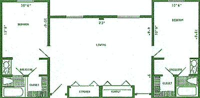 A floor plan illustrating a layout with a living room, kitchen, and storage spaces.