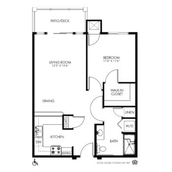 A one-bedroom apartment floor plan layout.