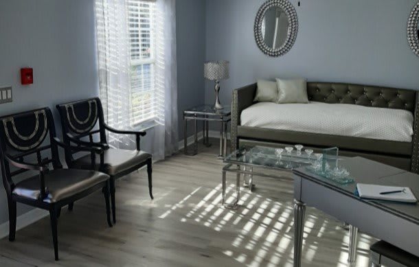 A cozy living room with a daybed and elegant furnishings, illuminated by natural light through the window blinds.