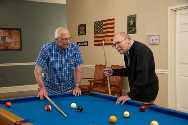 Two seniors enjoy a game of pool together in a room decorated with an American flag.