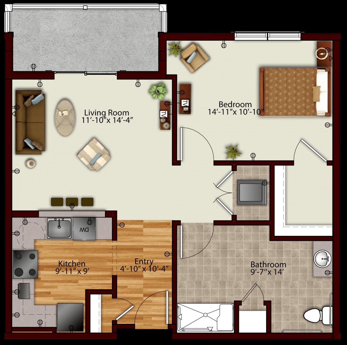 A detailed floor plan of a one-bedroom apartment, featuring a living room, kitchen, bedroom, and bathroom.
