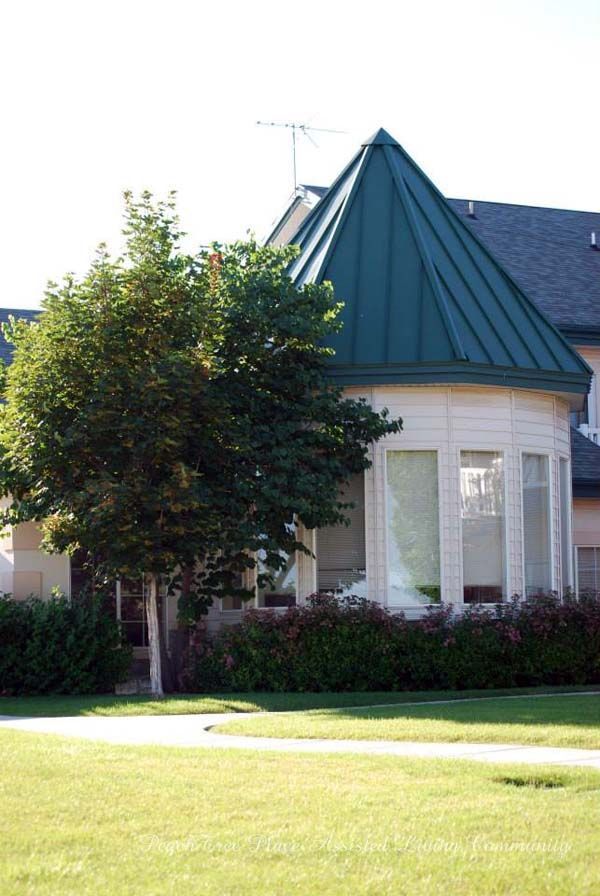 A residential house with a green conical roof and large windows, surrounded by trees and landscaping.