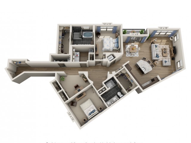 A 3D floor plan showcasing a detailed layout of an apartment with multiple rooms.