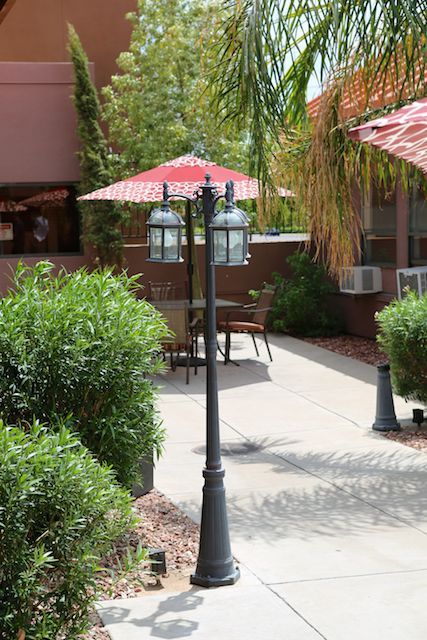 A tranquil patio setting with tables and chairs under umbrellas, surrounded by lush greenery and lit by a classic lamp post.