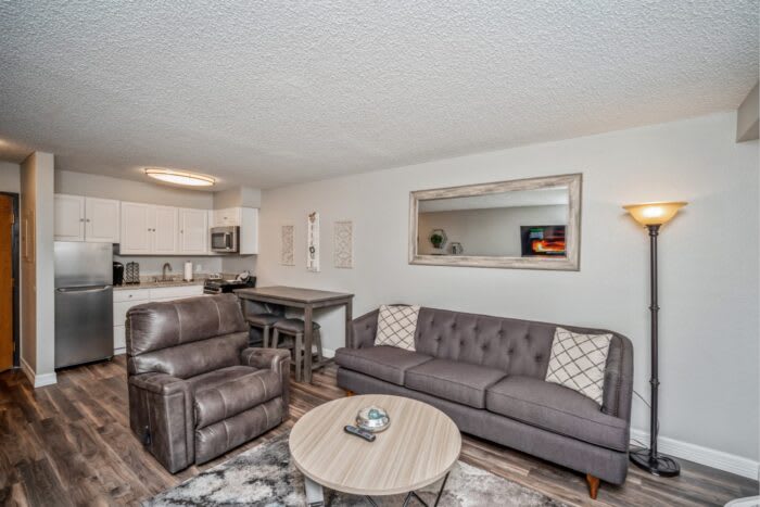 A modern living room with an open kitchen, featuring a comfortable sofa, armchair, and coffee table.