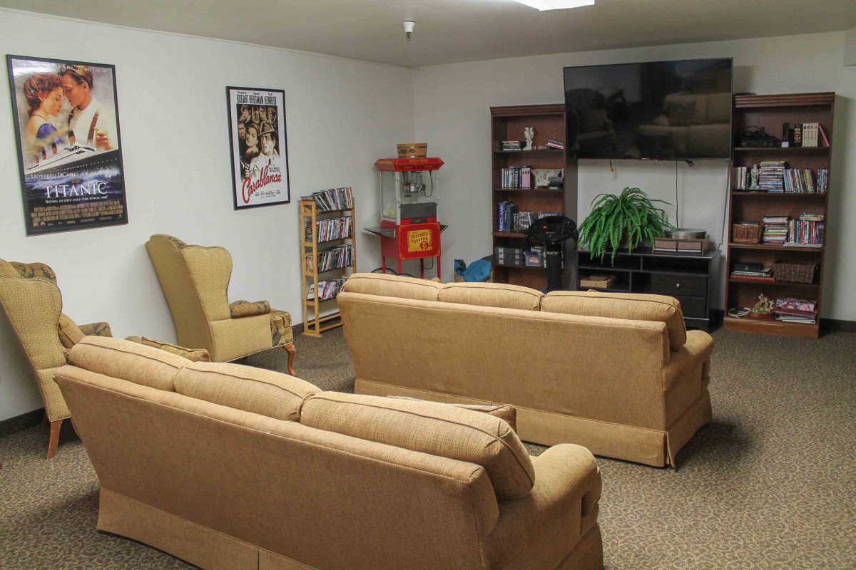 A cozy living room with sofas, an armchair, a TV, and a bookshelf.