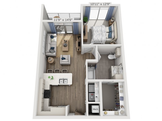 A detailed floor plan of a one-bedroom apartment showcasing the layout of the living room, kitchen, and bathroom.