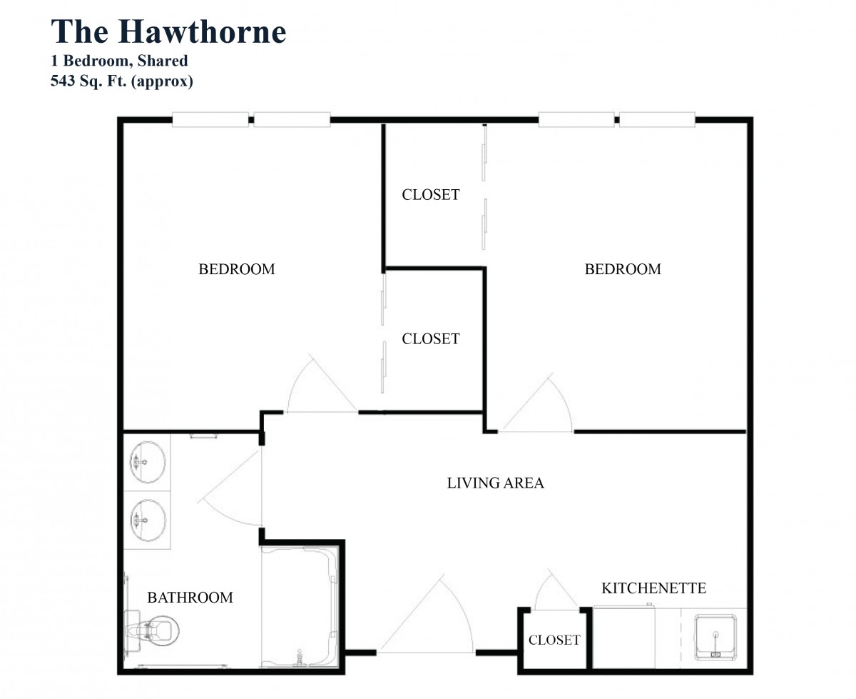 Floor plan of 'The Hawthorne' apartment featuring one bedroom, a living area, kitchen, bathroom, and two closets.