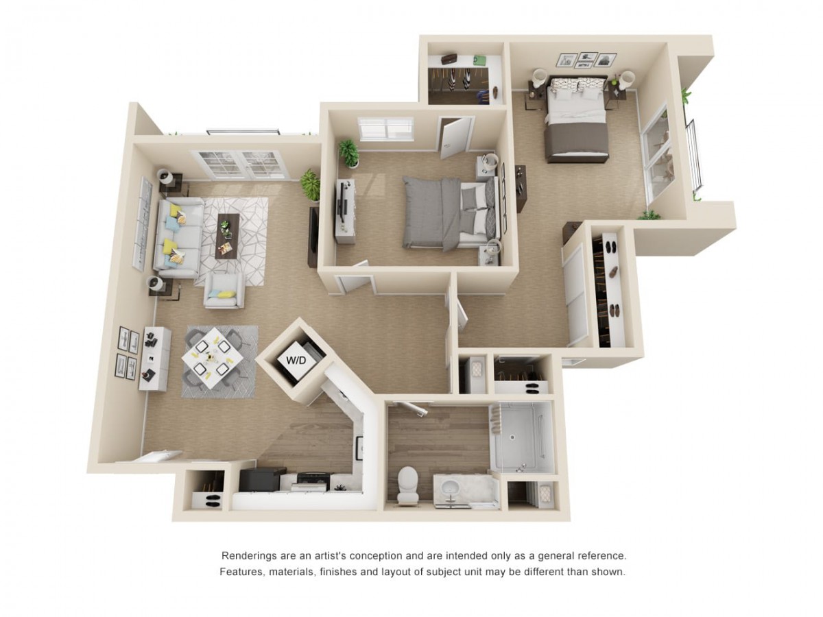 A 3D floor plan of a modern apartment featuring two bedrooms, a living room, and an open kitchen area.
