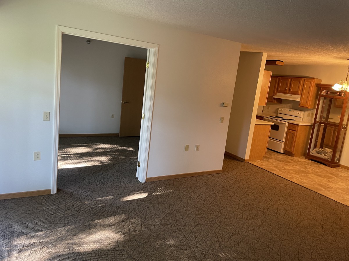 A view of an empty living space with carpeted flooring, showing the transition into a kitchen area.