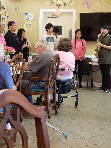 A group of performers entertain an audience of elderly residents at a community center event.