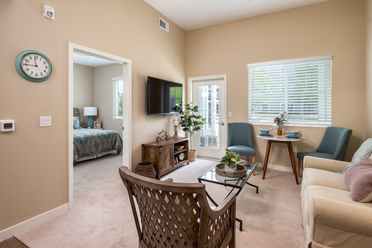 A cozy and modern living room with natural light, featuring comfortable seating and stylish decor.