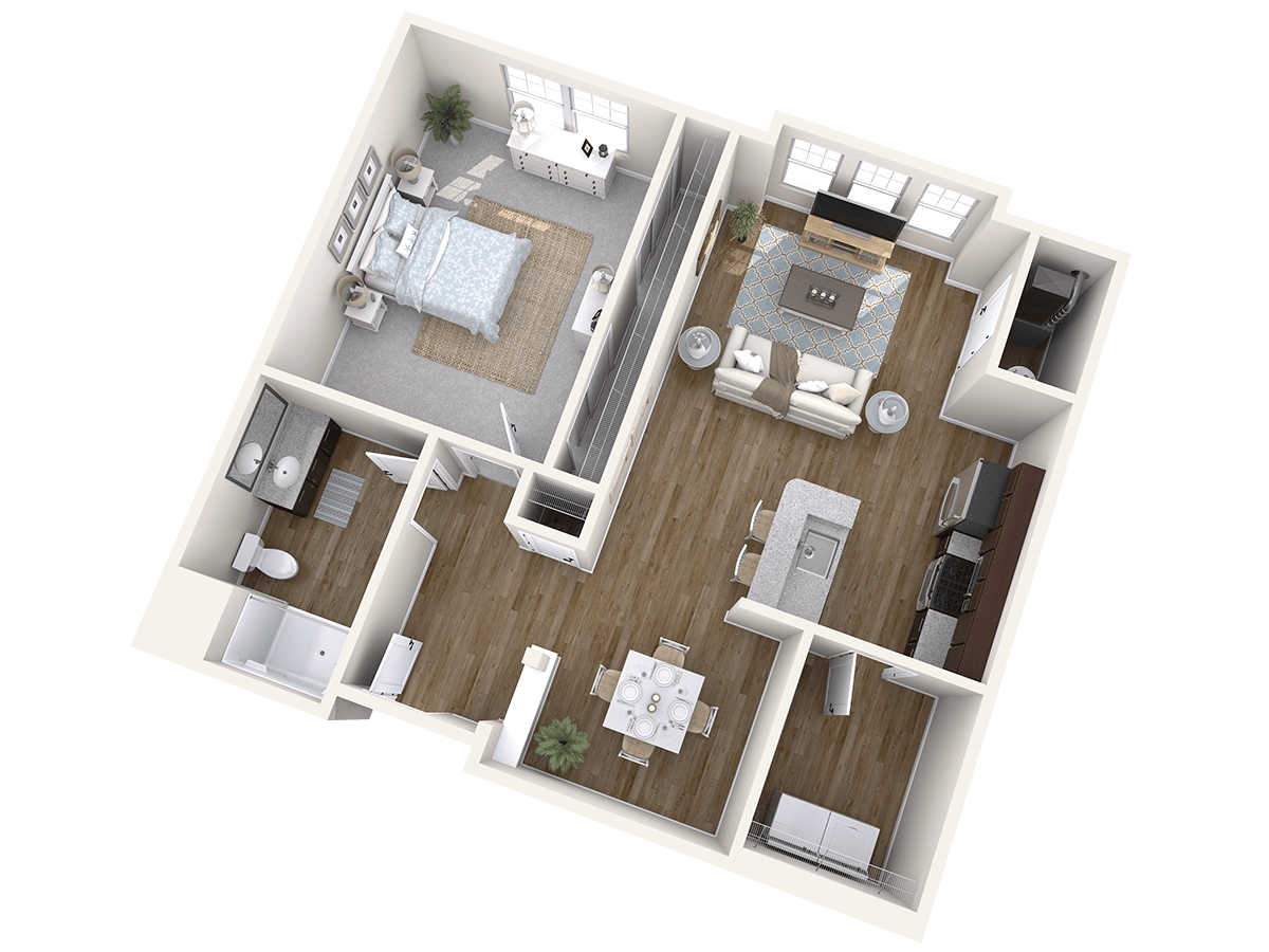 A 3D rendered floor plan of a modern apartment featuring an open living area, kitchen, bedroom, and bathroom.