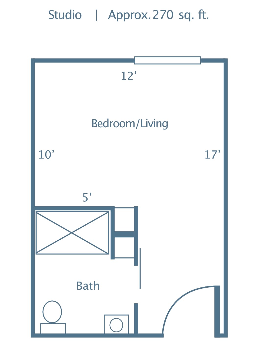 Studio apartment floor plan with dimensions for bedroom/living area and bathroom.