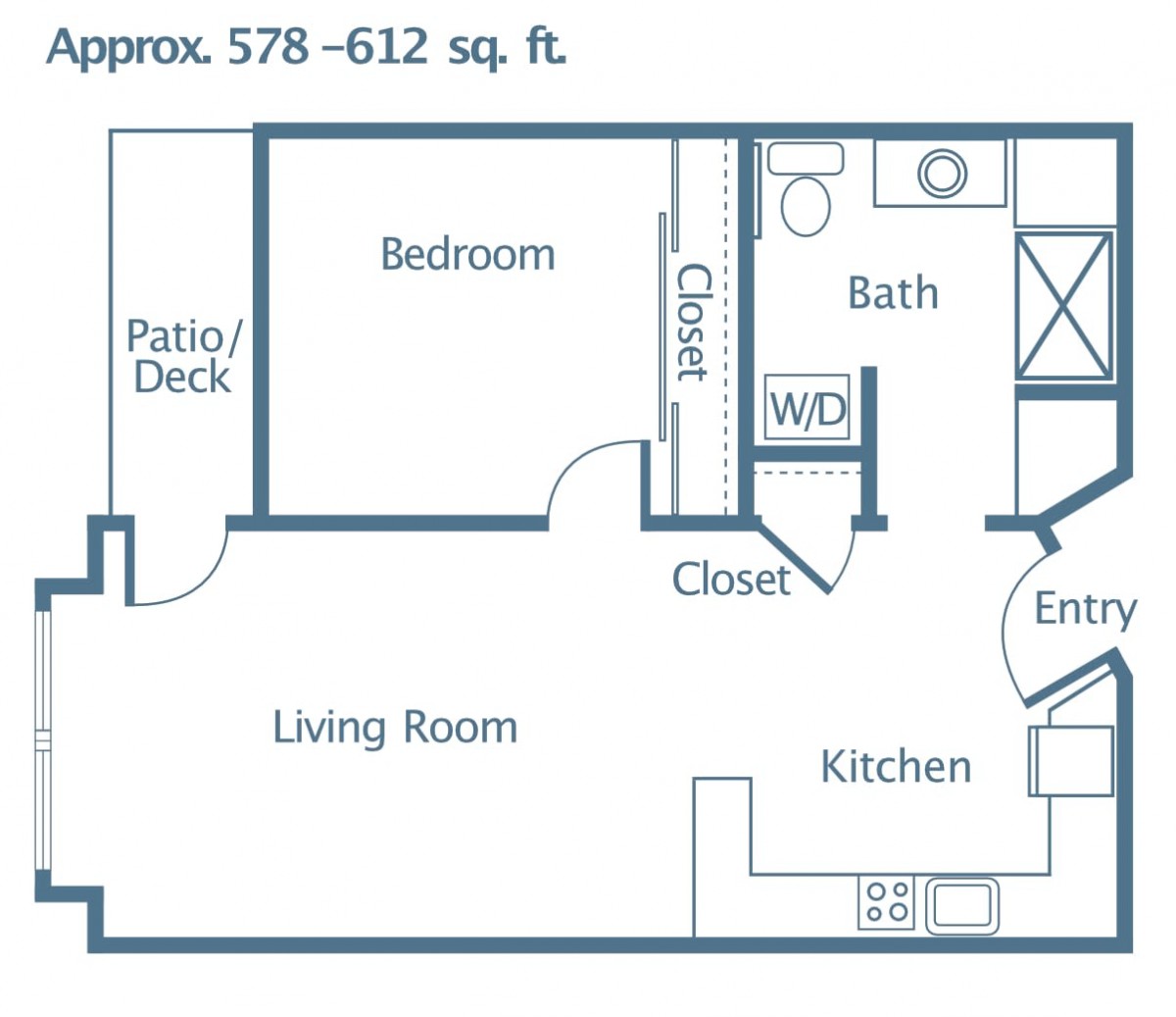 A floor plan of a one-bedroom apartment with a kitchen, living room, bathroom, and patio/deck.