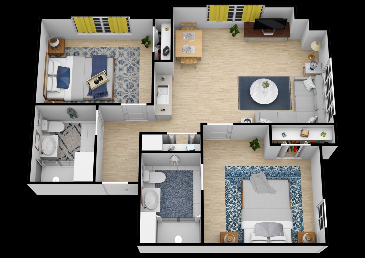 A 3D rendered floor plan of an apartment showcasing the layout and furniture arrangement.