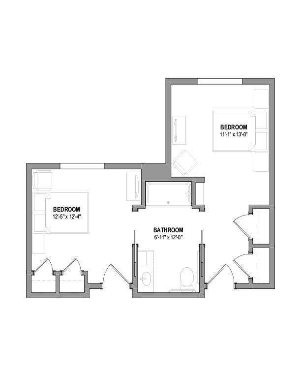 This image shows the floor plan of a two-bedroom apartment with specified dimensions for each room.
