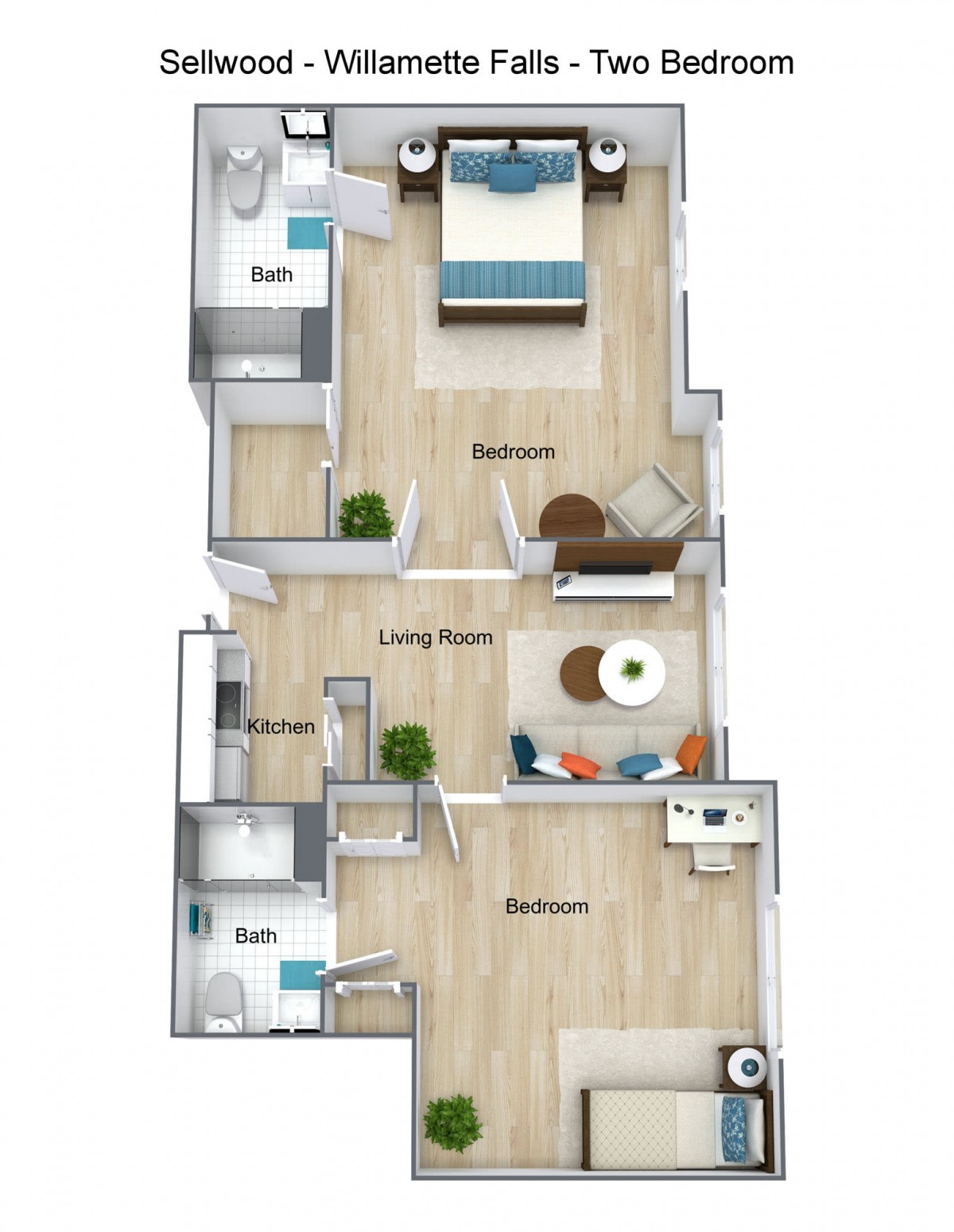 A two-bedroom apartment floor plan with a living room, kitchen, and bathroom.