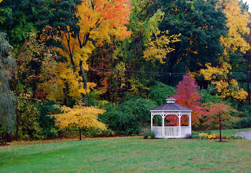A serene gazebo surrounded by vibrant autumn foliage.