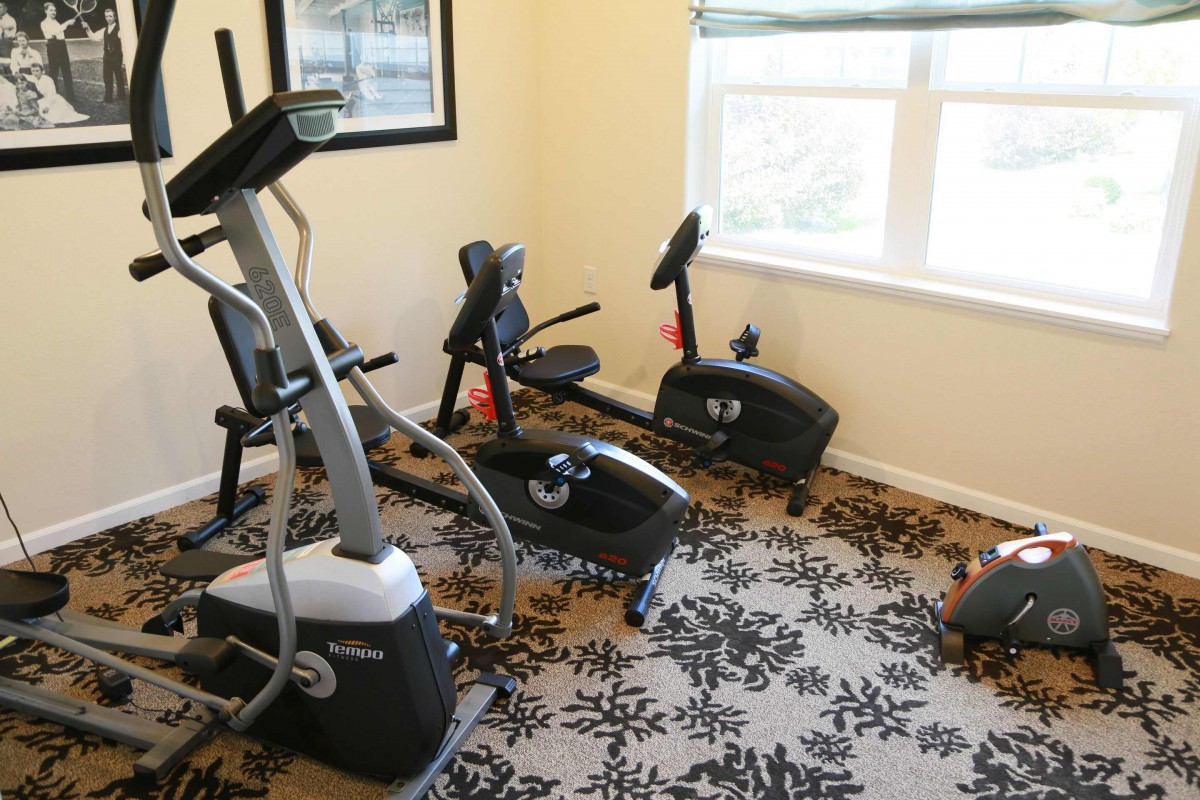 A cozy home gym setup with various exercise machines on a patterned carpet.