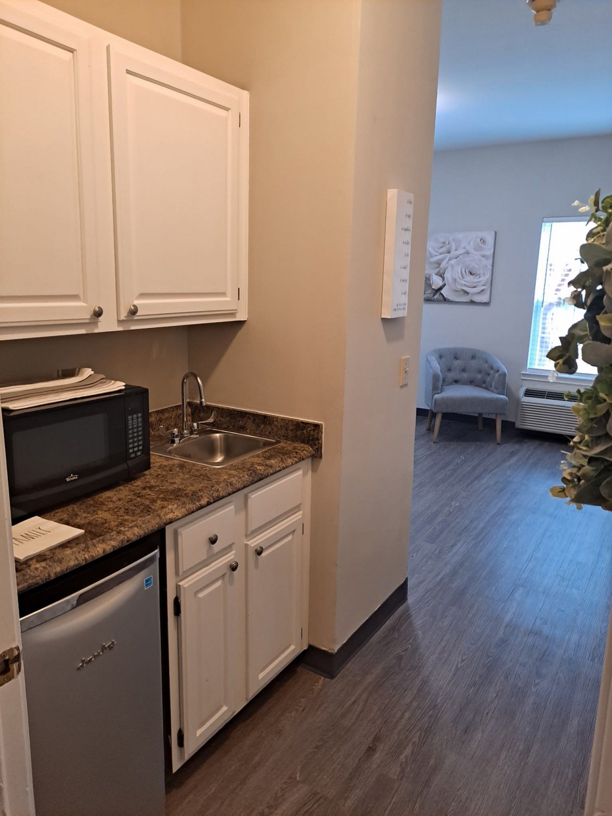 Small kitchen area with a microwave, mini fridge, and sink leading into a living space.