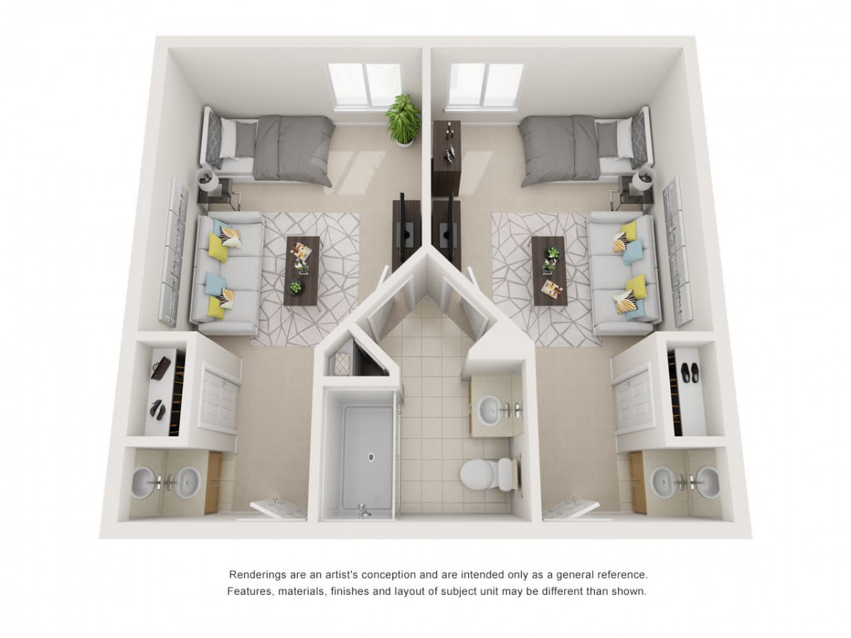A top-down view of a two-bedroom apartment layout with shared bathroom and kitchen.